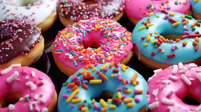 A close-up image of a bunch of doughnuts with colorful sprinkles. Perfect for bakery or dessert concepts