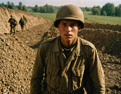 photo of intense soldier man in army outfit and helmet in serious dangerous war walking on field, generative AI