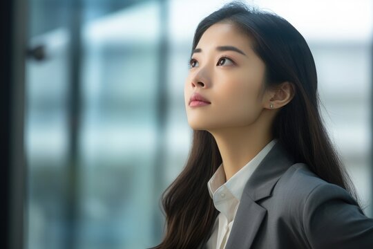 A Woman In A Business Suit Staring Out A Window. Perfect For Corporate And Office Themes