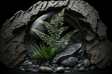 Beautiful natural minimalistic composition with textured stones, fern leaves