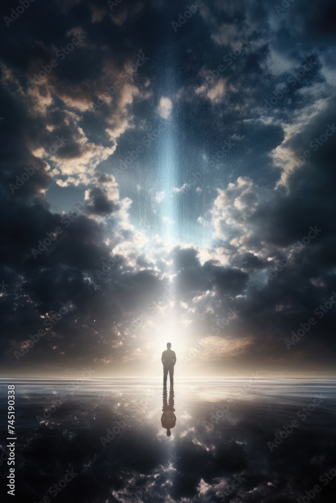 Poster a man standing on top of a cloud covered sky. suitable for various concepts and designs