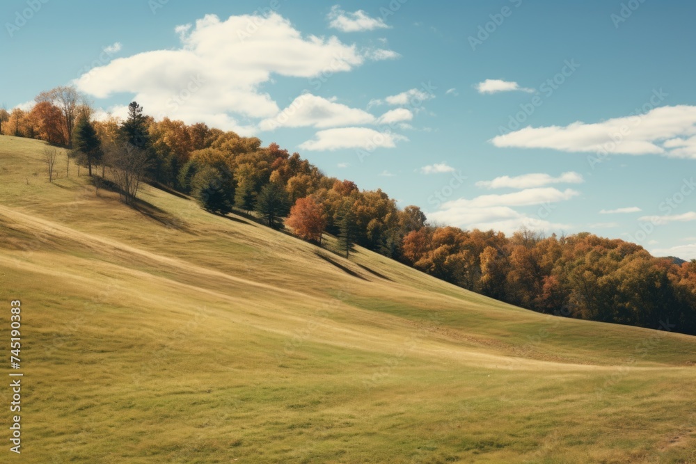 Poster a scenic view of a grassy hill with trees in the background. ideal for nature and outdoor concepts