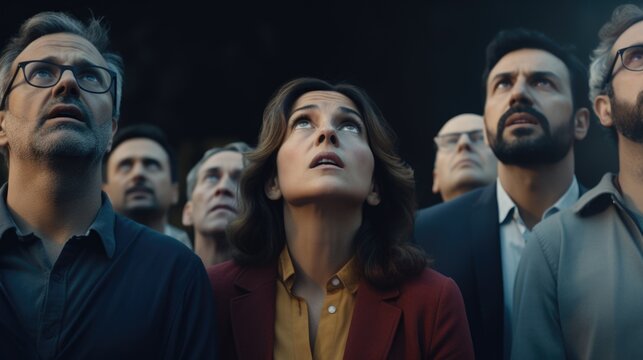 A group of people staring up at something. Suitable for various concepts and ideas