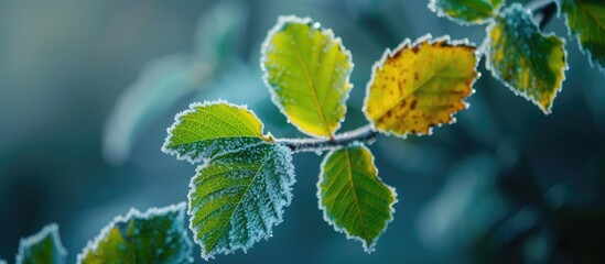 A detailed view of a leaf covered in frost, showcasing the transition from autumn to early winter. The frost highlights the impact of climate change on the environment as cold weather sets in.