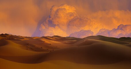 Sand dunes and sand storm in the Sahara desert -Hot and dry desert landscape