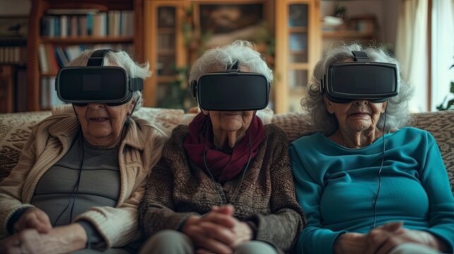 Senior people wearing virtual reality headsets, experiencing new technology while sitting comfortably at home.
generative ai
