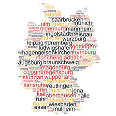 Word cloud with German cities in the form of Germany with horizontal text in the colors of the German flag and a transparent background