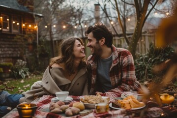 a loving young cheerful couple man and woman posing for photo on cold autumn picnic in park backyard, drinking alcoholic beverages and eating food, snacks and having much fun, celebrating vacation