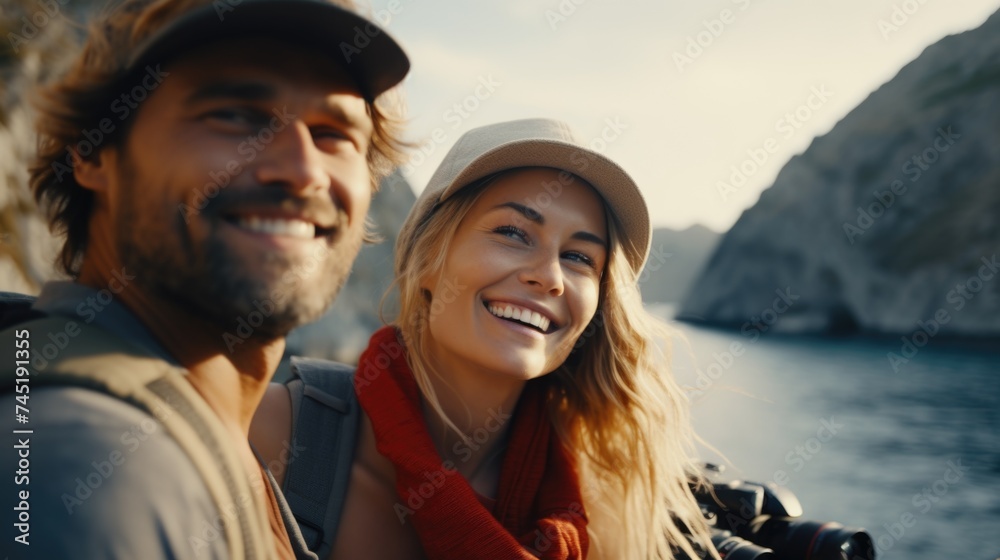 Poster a man and a woman smiling together. suitable for various concepts