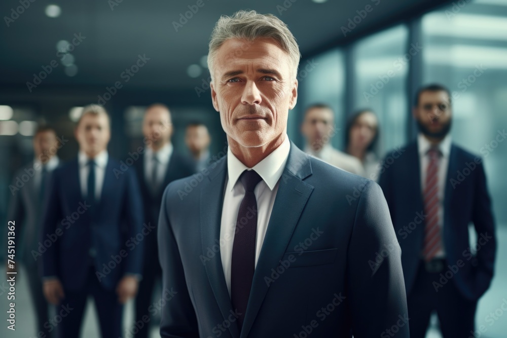 Poster a man in a suit standing in front of a group of people. ideal for business presentations