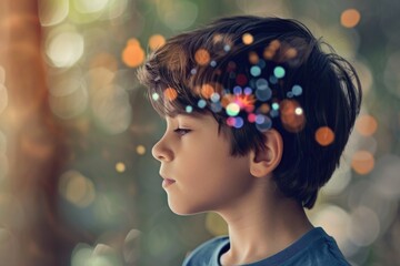 A young boy stands with a sprinkle of lights tangled in his hair, creating a magical and mesmerizing aura around him