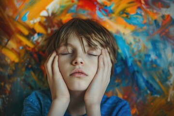 A young boy is shown with his hands covering his face, expressing deep emotions and introspection
