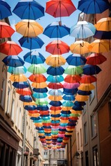 Colorful umbrellas suspended from the ceiling, perfect for adding a pop of color to any space