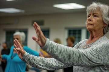 A group of senior women are gracefully practicing yoga in a gym, moving through poses with focus and tranquility