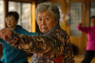 An elderly lady stands confidently, holding a gun in front of a group of women. She exudes strength and determination as she takes control of the situation