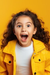 A young girl wearing a yellow jacket and white t-shirt. Suitable for children's fashion or outdoor activities