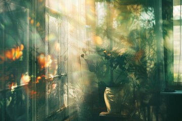 A person stands peacefully by a window, bathed in soft light, next to a flourishing potted plant, creating a tranquil and introspective scene