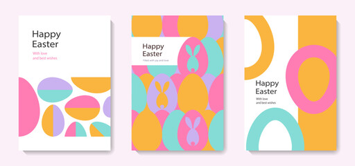 Set of Happy Easter cards in modern minimalistic style with geometric shapes, eggs. Trendy editable vector template for greeting card, poster, banner, invitation, social media post.	