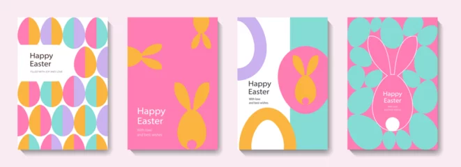 Fotobehang Set of Happy Easter cards in modern minimalistic style with geometric shapes, eggs. Trendy editable vector template for greeting card, poster, banner, invitation, social media post.  © Олия Низамутдинова