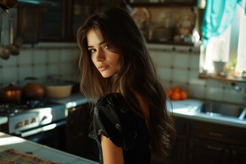 A beautiful brunette woman is seen standing in a stylish kitchen next to a sleek stove top oven, engaged in cooking or food preparation