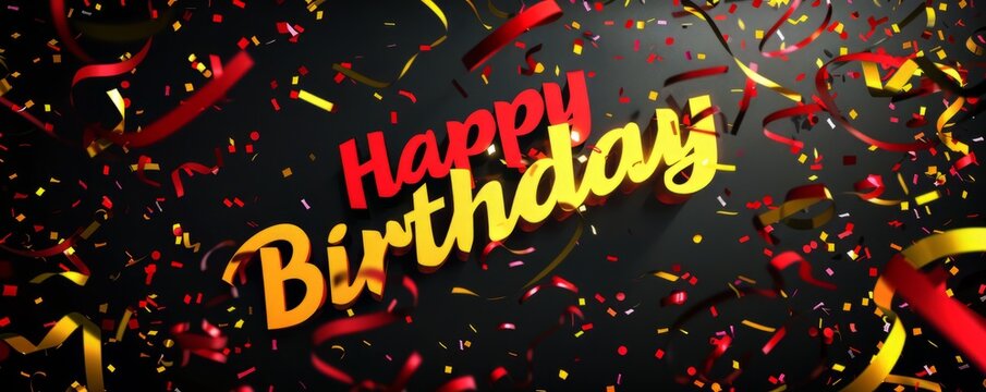 happy birthday horizontal illustration with 3d realistic golden and red confetti on black background with text and glitter confetti. Generative ai