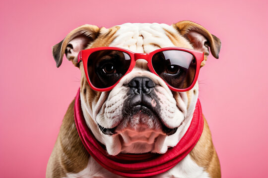 bulldog wearing sunglasses and a pink bandana
