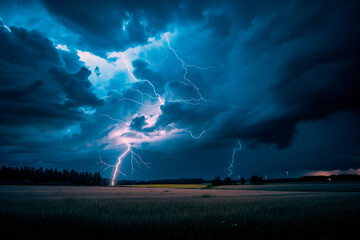 lightning storm over field and night sky