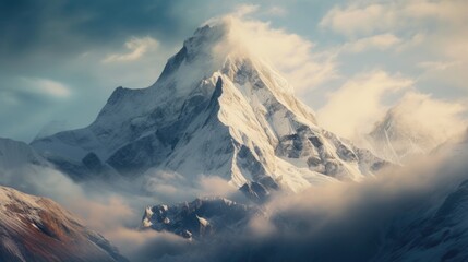 Snow-covered mountain under cloudy sky. Ideal for travel blogs - obrazy, fototapety, plakaty