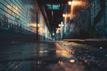 A dark alleyway illuminated by the shimmering raindrops scattered on the ground, creating a moody and atmospheric scene