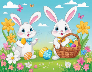 Obraz premium Cute Easter bunny with Easter eggs on the grass