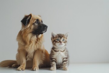 dog and kitten are sitting together.  copy space.