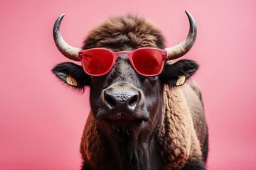 Foto op Canvas cow wearing sunglasses and red hair © IOLA