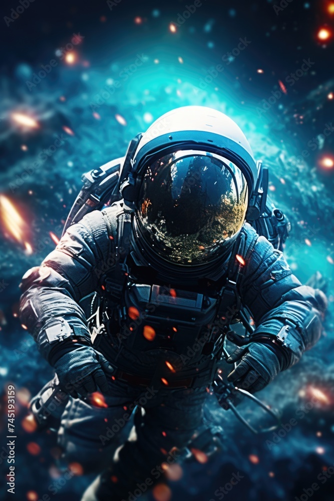 Poster a man in a space suit soaring through the air. ideal for science fiction or space exploration concep