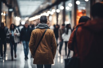 A man in a brown coat walking down a hallway, suitable for business or lifestyle concepts