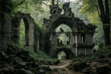 Fototapeta na wymiar Ancient Castle Ruins Shrouded in Forest Mist