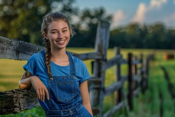 Young Female Farmer Leaning on a Wooden Fence with a Smile at a Farm in Embleton, North East England - obrazy, fototapety, plakaty