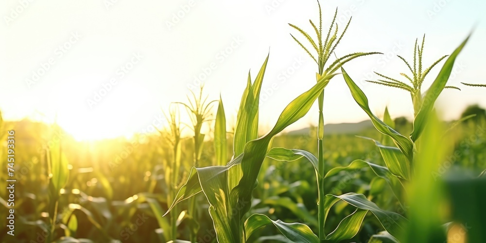 Poster a beautiful corn field with the sun setting in the background. perfect for agricultural concepts