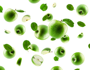 Green apples, whole quarter halves and slices with leaves, fly and levitate in space. Surround back light. Isolated on white