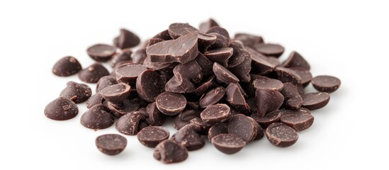 Obraz premium A cluster of chocolate chips arranged in a disorganized heap on a plain white surface. The chips are small and irregular in shape, varying in shades of brown.
