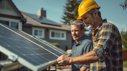 Obraz premium Homeowner and electrician discussing to install the best location for evaluating roof angle for maximum energy capture, solar project, smart home and technology, Green energy concept.