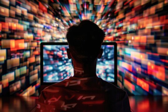 A man in casual attire sits intently in front of a laptop computer, engrossed in addressing cybersecurity threats. He is focused and determined in his efforts to uphold security standards