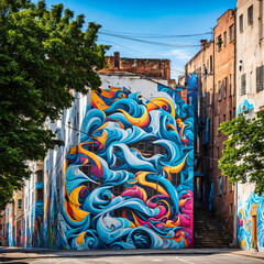 boldly colored graffiti art and street murals covering the walls of an urban alleyway