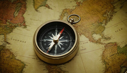 Fototapeta na wymiar Ancient compass on an antique world map