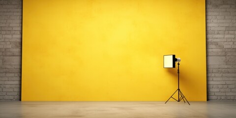A professional photo studio with a bright yellow wall and a sturdy tripod. Ideal for photography projects