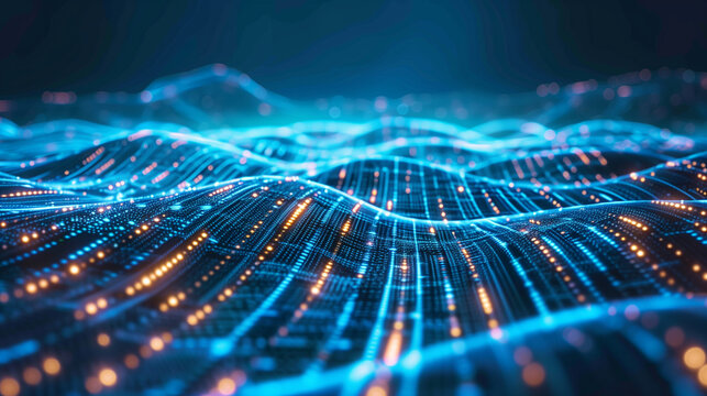 background with digital landscape illuminated by blue lights, resembling data streams