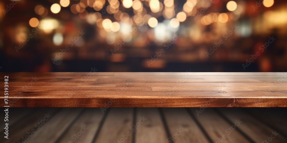 Poster A wooden table with blurred lights in the background. Suitable for various design projects
