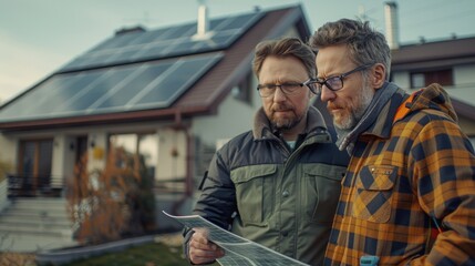 Homeowner and electrician discussing the best location for an EV charger install, smart home and technology EV car concept.