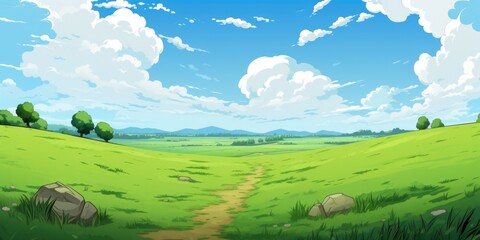 Cartoon landscape with a dirt path leading to a grassy field. Suitable for nature and outdoor themed designs