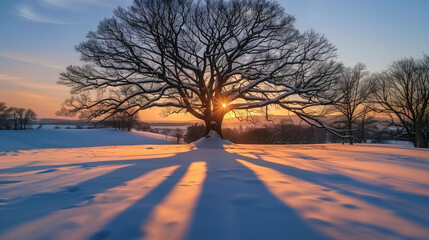 large tree in a snowy landscape, with a sunset in the background, the tree casts a long shadow on the smooth snow