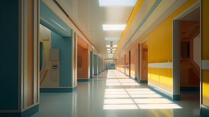 The extensive hospital corridor is lined with a counter and chairs, showcasing the beauty of geometric shapes and vibrant tones, offering a deeply immersive atmosphere.